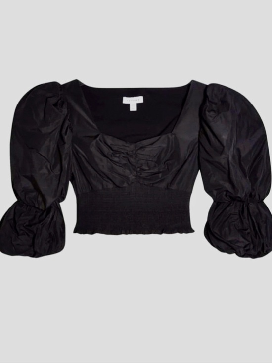 Topshop Tops - TOPSHOP Taffeta Puff Sleeve Blouse Smocked Black Crop Top